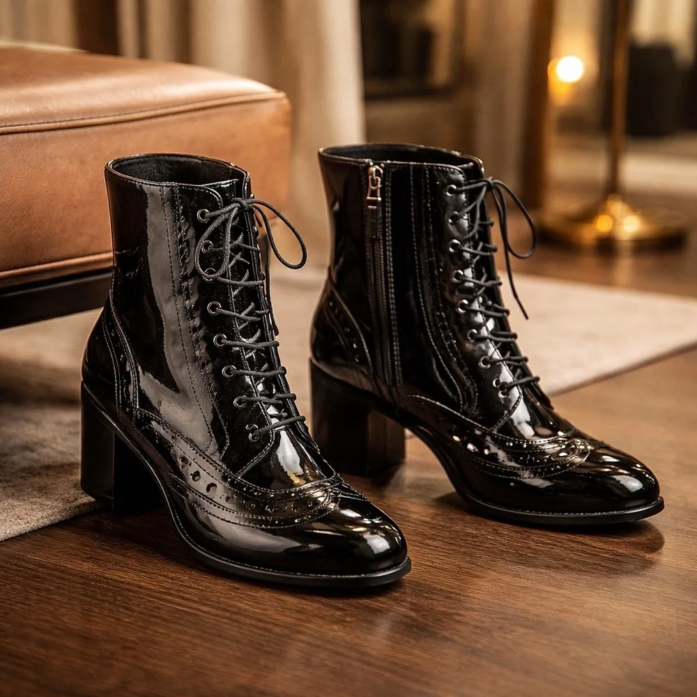 CHANEL Black Patent Lace-Up Brogue Ankle Boots